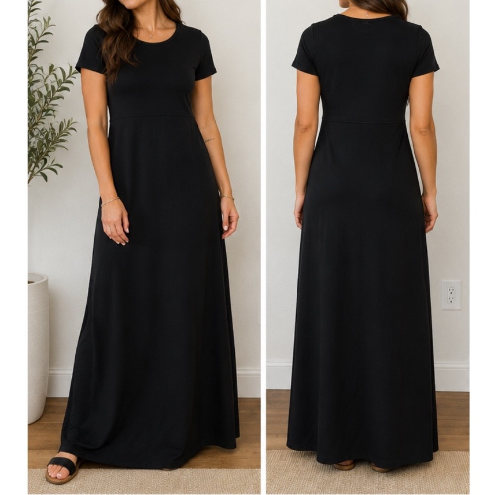 LL Bean Womens Black Supima Cotton Modal Maxi Dress Short Sleeve Empire Waist LG
